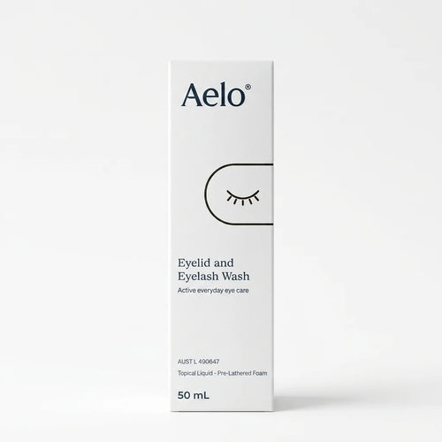 Aelo eyelid and eyelash wash packaging on a white background