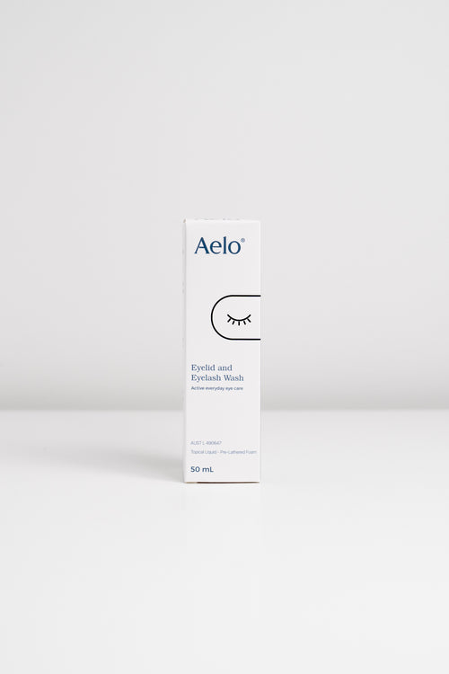 A box of Aelo Eyelid & Eyelash Foam Wash.