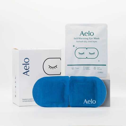 Aelo self-warming eye mask for dry eyes packaging on a white background