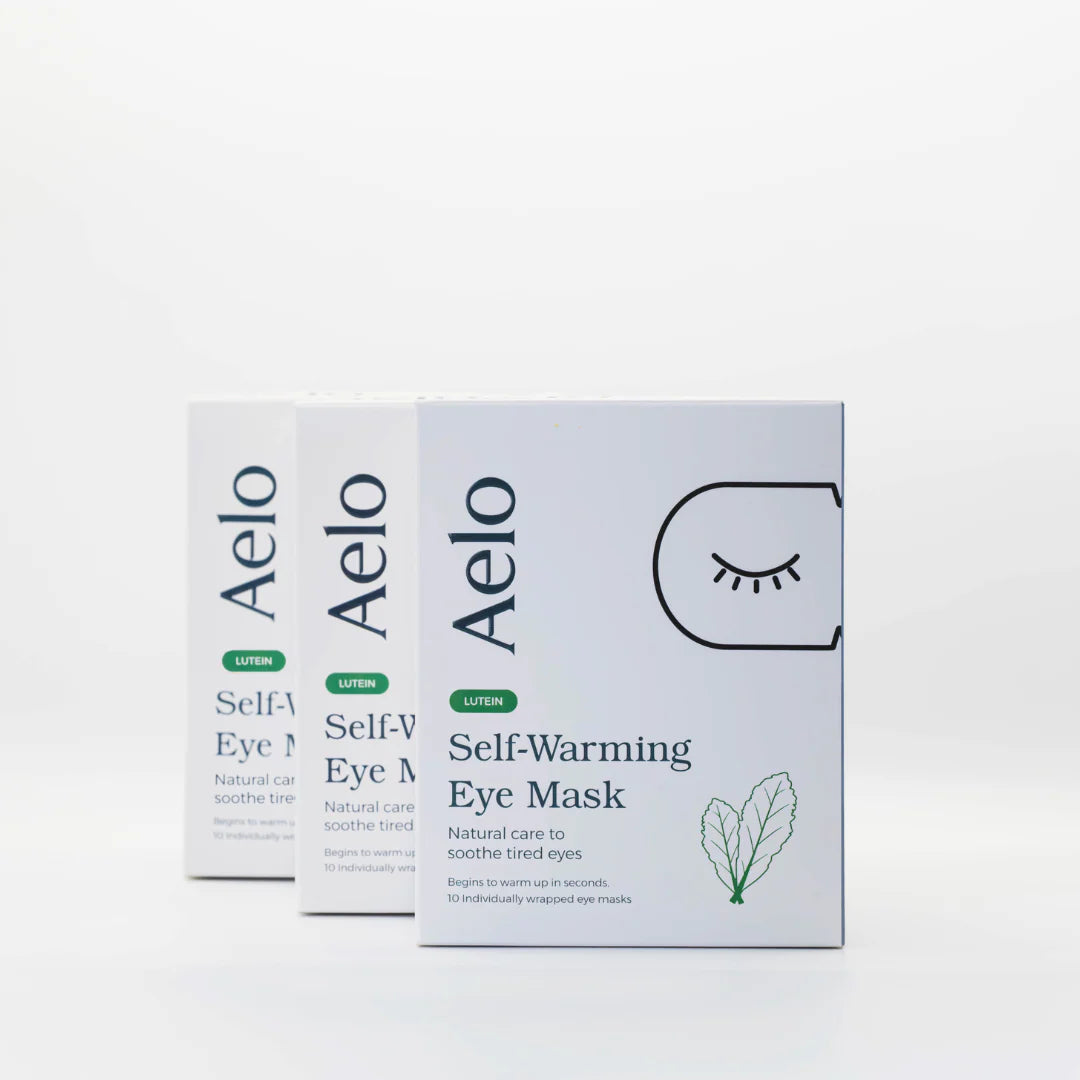 Three boxes of Aelo Self-Warming Eye Mask with Lutein on a white background