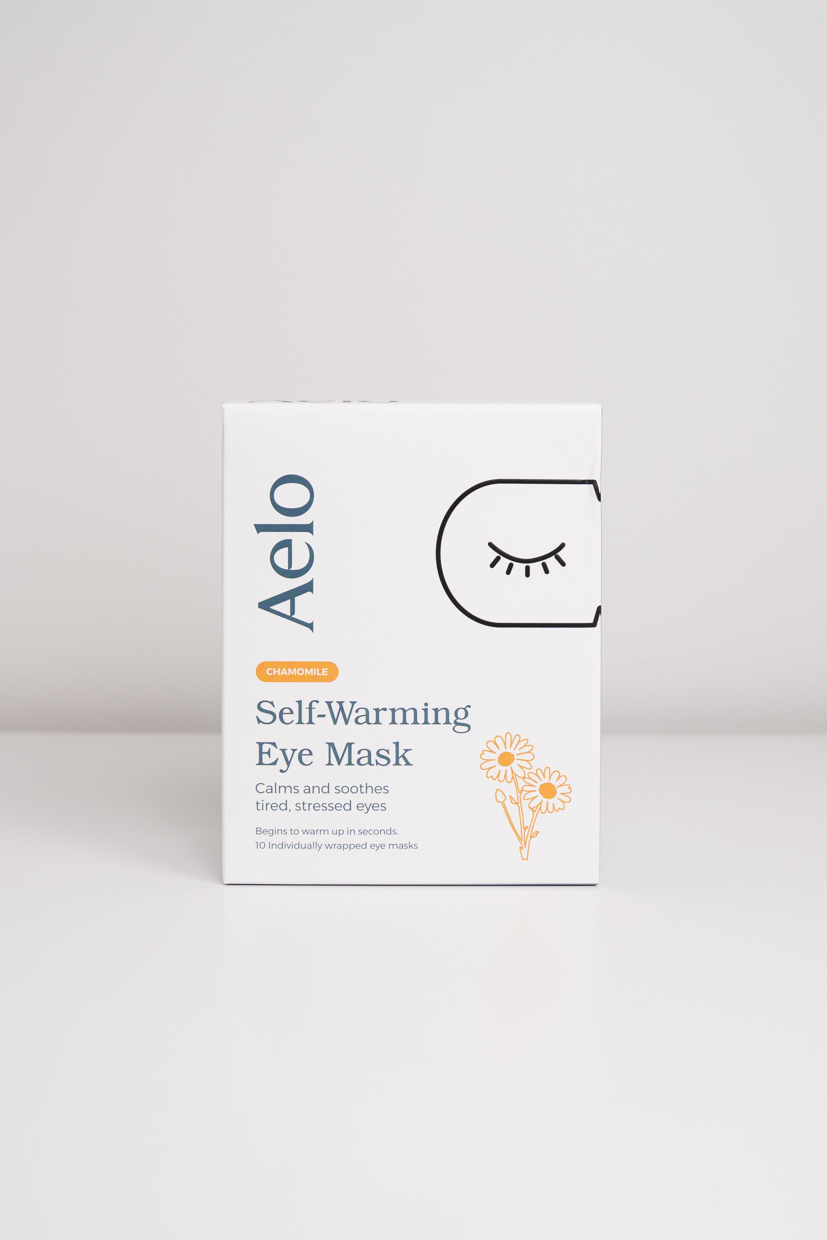 Aelo self-warming eye mask packaging on a white background