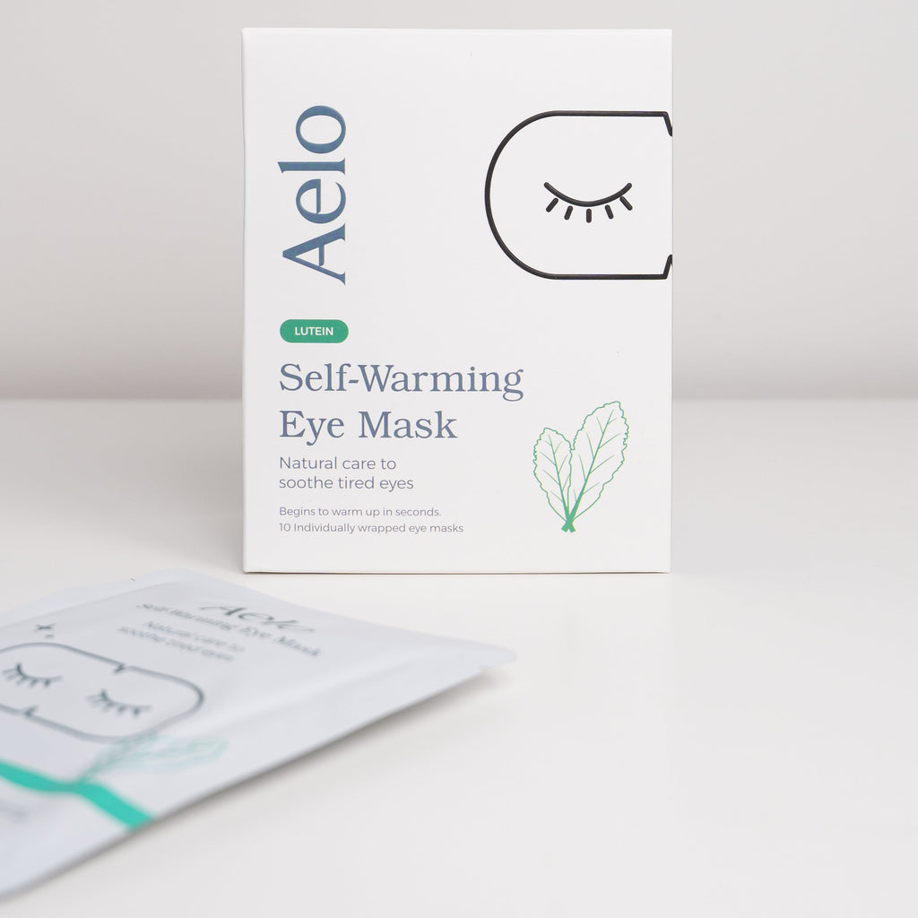 Aelo self-warming eye mask with lutein packaging on a white background