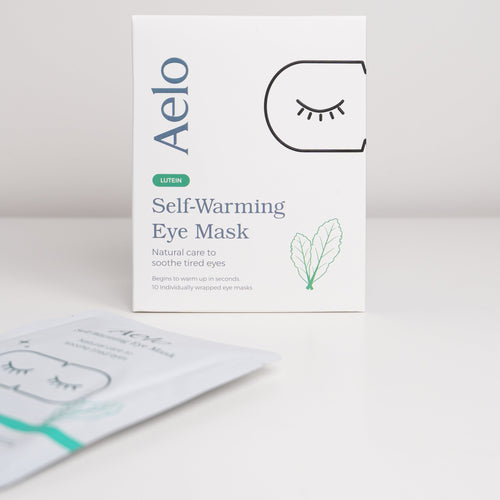 Aelo self-warming eye mask with lutein packaging on a white background