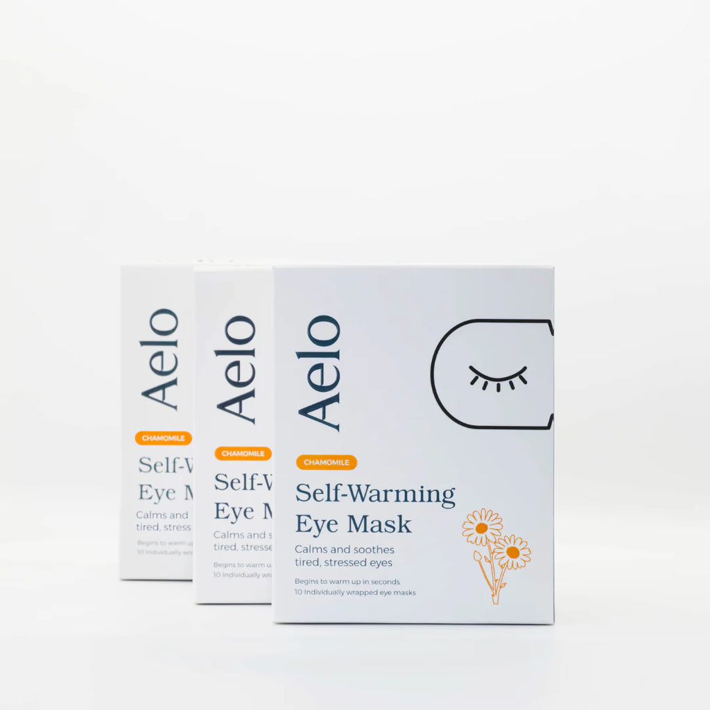 3 boxes of Aelo Self-Heating Eye Masks for tired, dry stressed eyes.