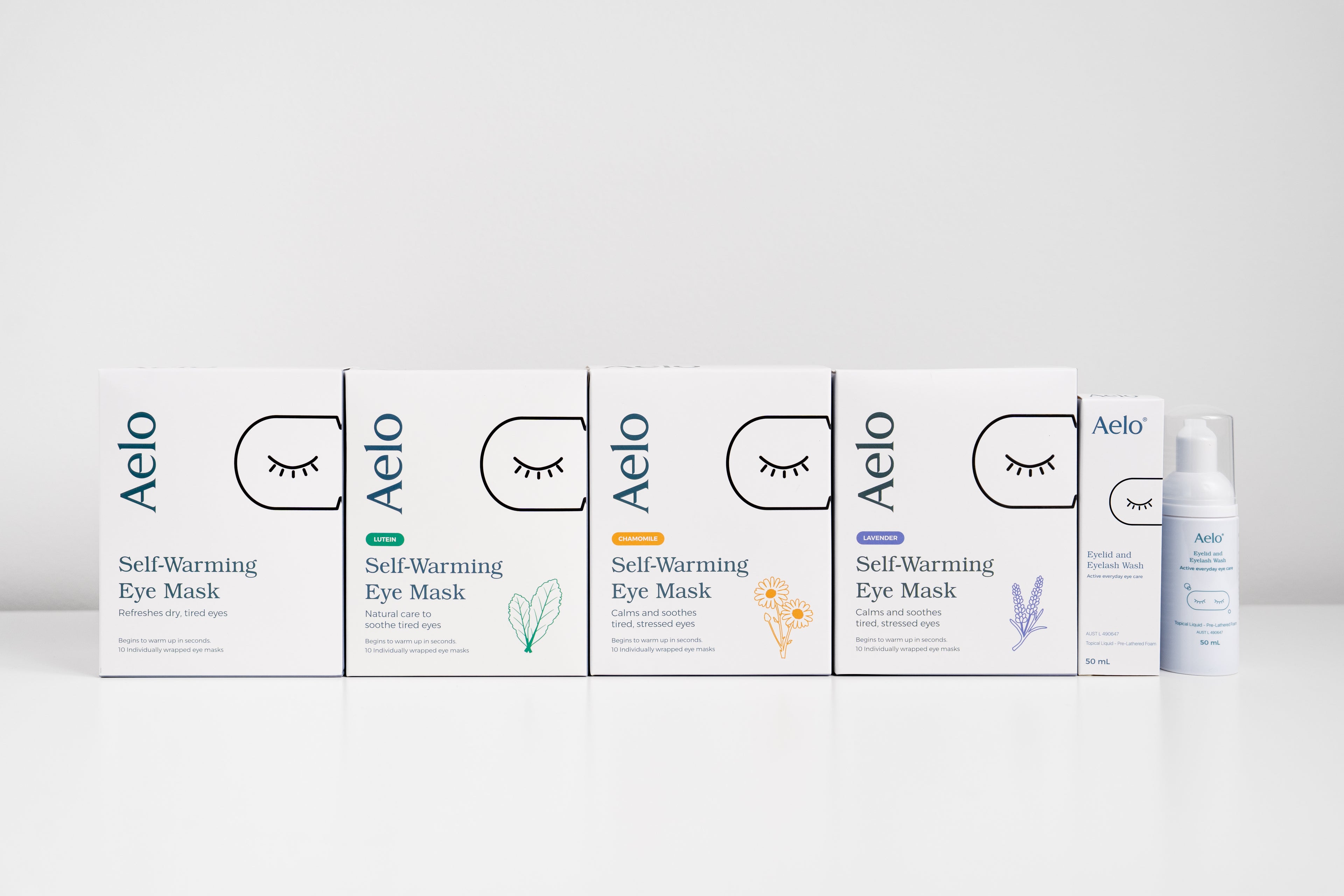 A collection of Aelo Self-Warming Eye Masks including Fragrance Free, Lavender, Chamomile, Lutein. Also includes Aelo Foam Wash Cleanser.