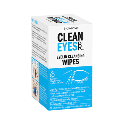 Box of BioRevive Clean Eyes eyelid cleansing wipes on a white background