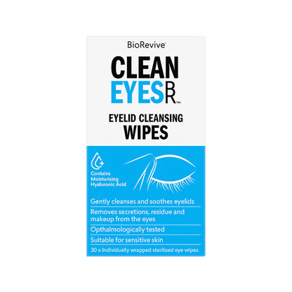 Pack of BioRevive Clean Eyes eyelid cleansing wipes on a white background