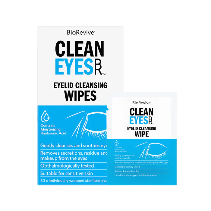 BioRevive Clean Eyes eyelid cleansing wipes packaging on a white background