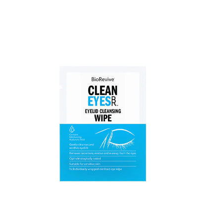 BioRevive eyelid cleansing wipe packaging on a white background