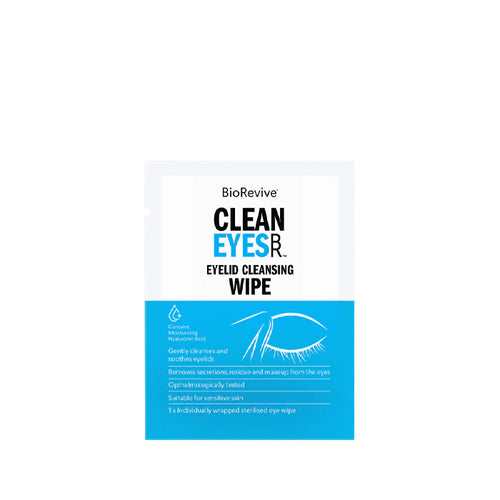 BioRevive eyelid cleansing wipe packaging on a white background