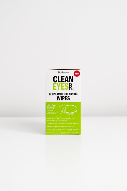 A box of BioRevive Clean Eyes Blephamite Cleansing Wipes with tea tree oil for blepharitis relief