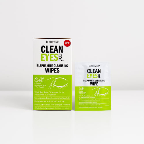 A box and sachet of BioRevive Clean Eyes Blephamite Cleansing Wipes with tea tree oil for blepharitis relief