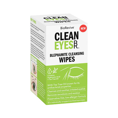Box of BioRevive Clean Eyes blephamite cleansing wipes on a white background