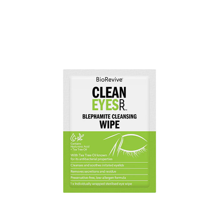 BioRevive Clean Eyes blephamite cleansing wipe packaging on a white background