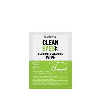BioRevive Clean Eyes blephamite cleansing wipe packaging on a white background