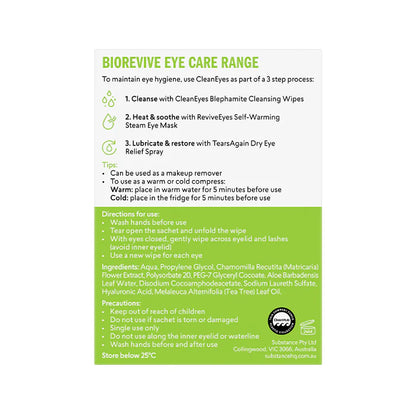 Biorevive eye care wipes packaging with text and branding on a white background