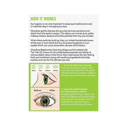Biorevive Blephamite Eyelid Cleansing Wipes back of box with before and after illustrations on a white background