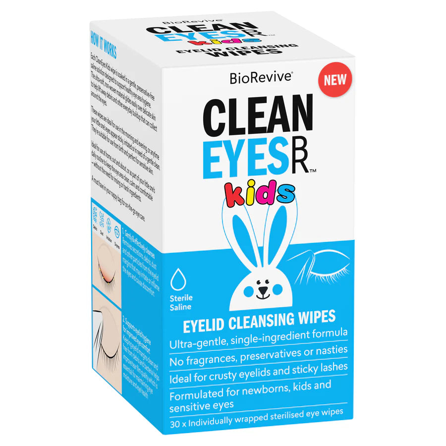Box of BioRevive Clean Eyes Kids eyelid cleansing wipes on a white background