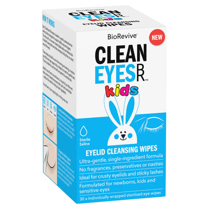 Box of BioRevive Clean Eyes Kids eyelid cleansing wipes on a white background