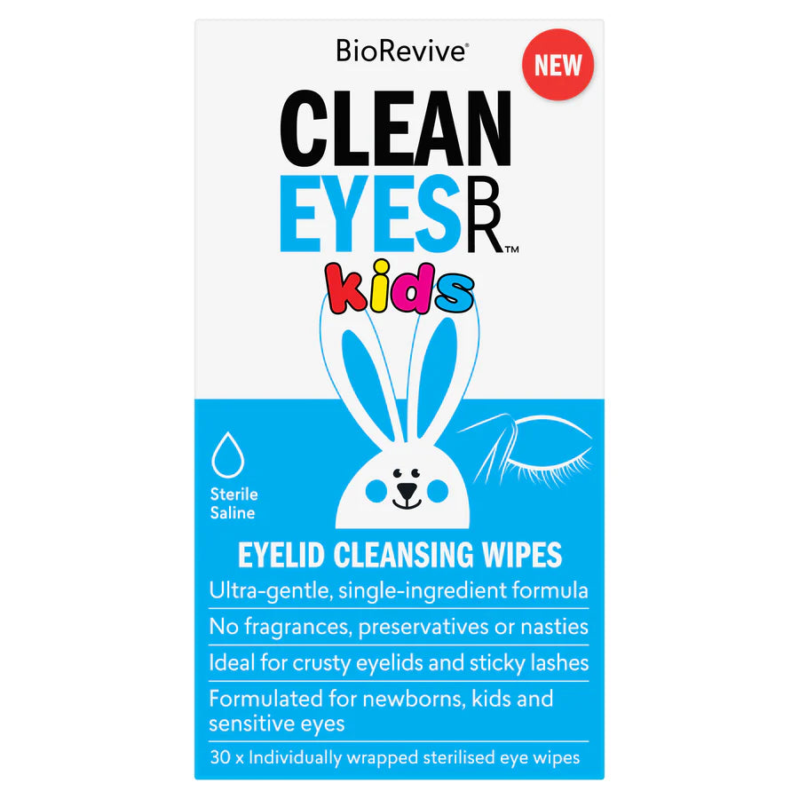 Biorevive Clean Eyes Kids Eyelid Cleansing Wipes box on a white background.