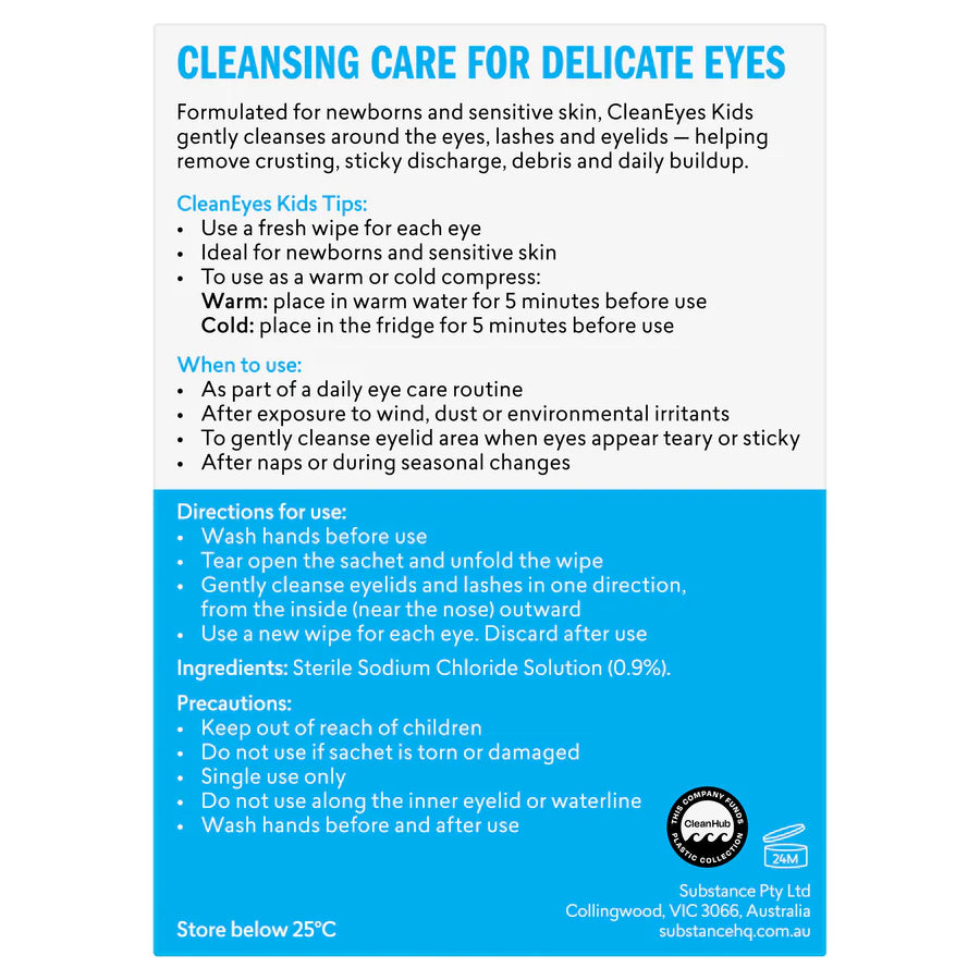 Product label for CleanEyes Kids cleansing wipes for delicate eyes, featuring text on a white background with blue accents.