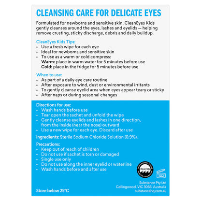 Product label for CleanEyes Kids cleansing wipes for delicate eyes, featuring text on a white background with blue accents.