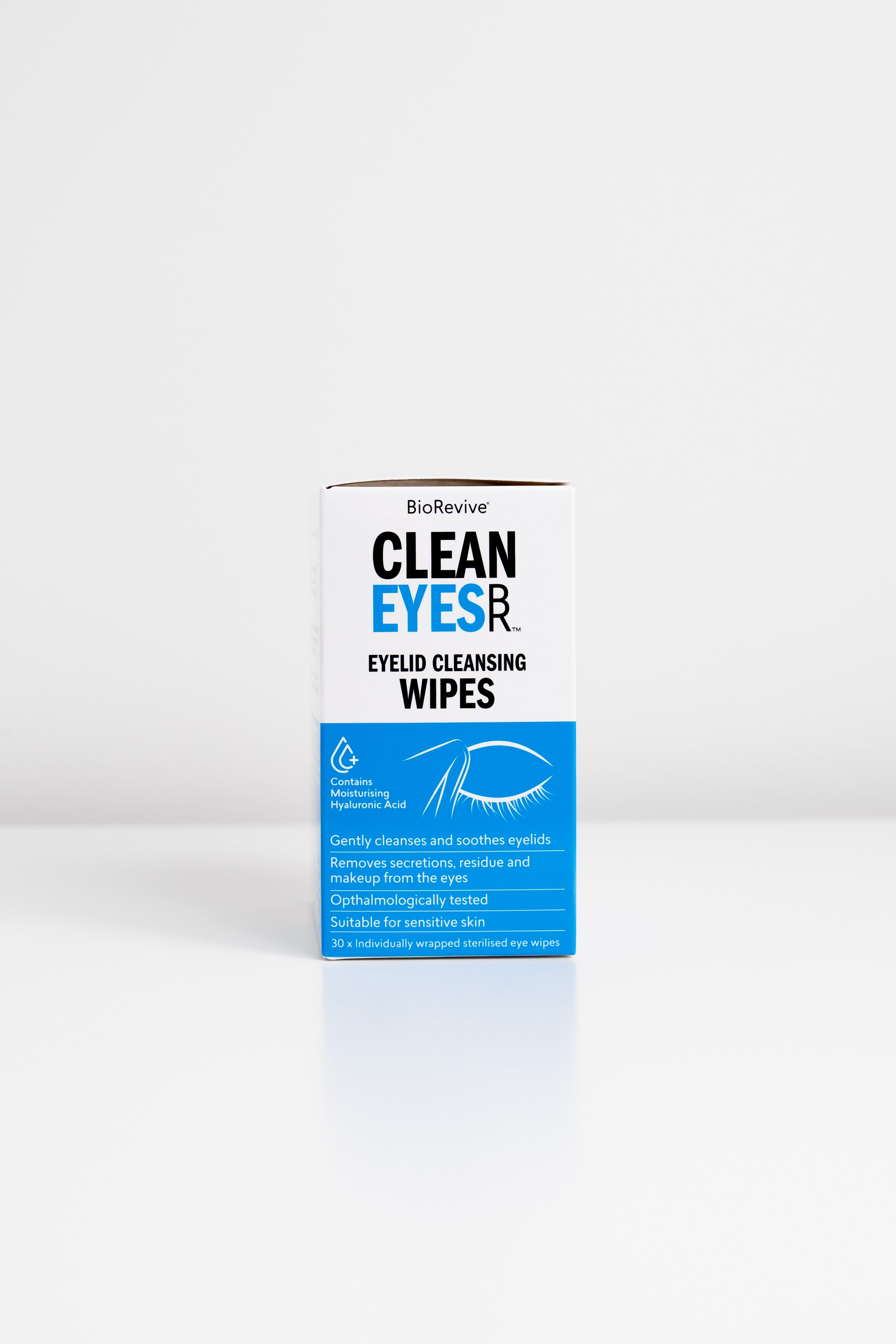 A box of BioRevive Clean Eyes Eyelid Cleansing Wipes to gently clean and soothe eyelids.