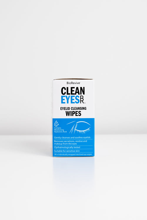A box of BioRevive Clean Eyes Eyelid Cleansing Wipes to gently clean and soothe eyelids.