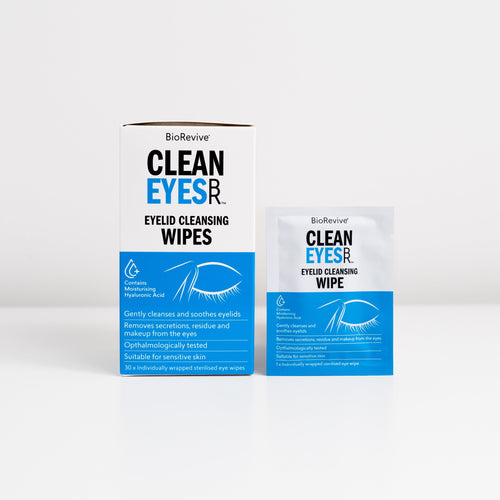 A box and sachet of BioRevive Clean Eyes Eyelid Cleansing Wipes to gently clean and soothe eyelids.