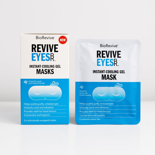 A box and sachet of BioRevive Revive Eyes Instant-Cooling Gel Eye Masks for soothing tired eyes