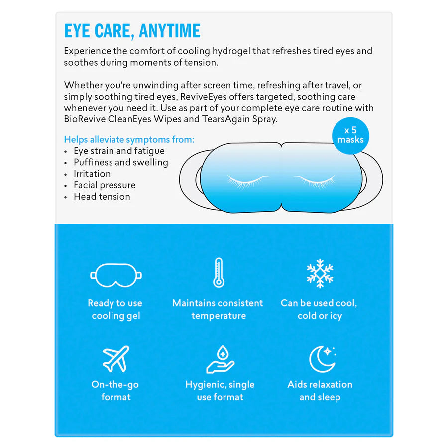 Biorevive Instant-Cooling Gel Masks packaging with text and illustrations on a white background