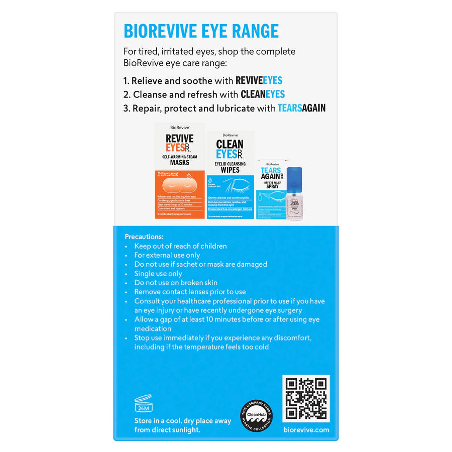 BioRevive eye care product range with packaging and usage instructions on a white background