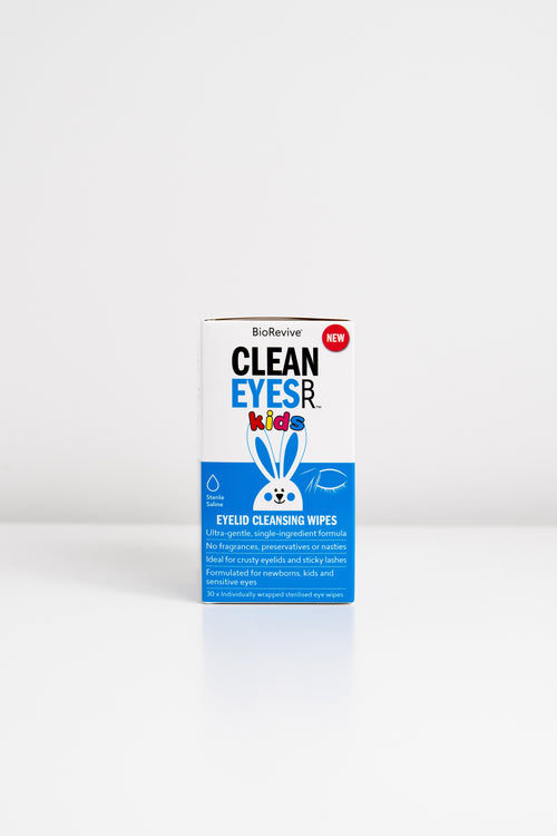 A box of BioRevive Clean Eyes Kids Eyelid Cleansing Wipes.