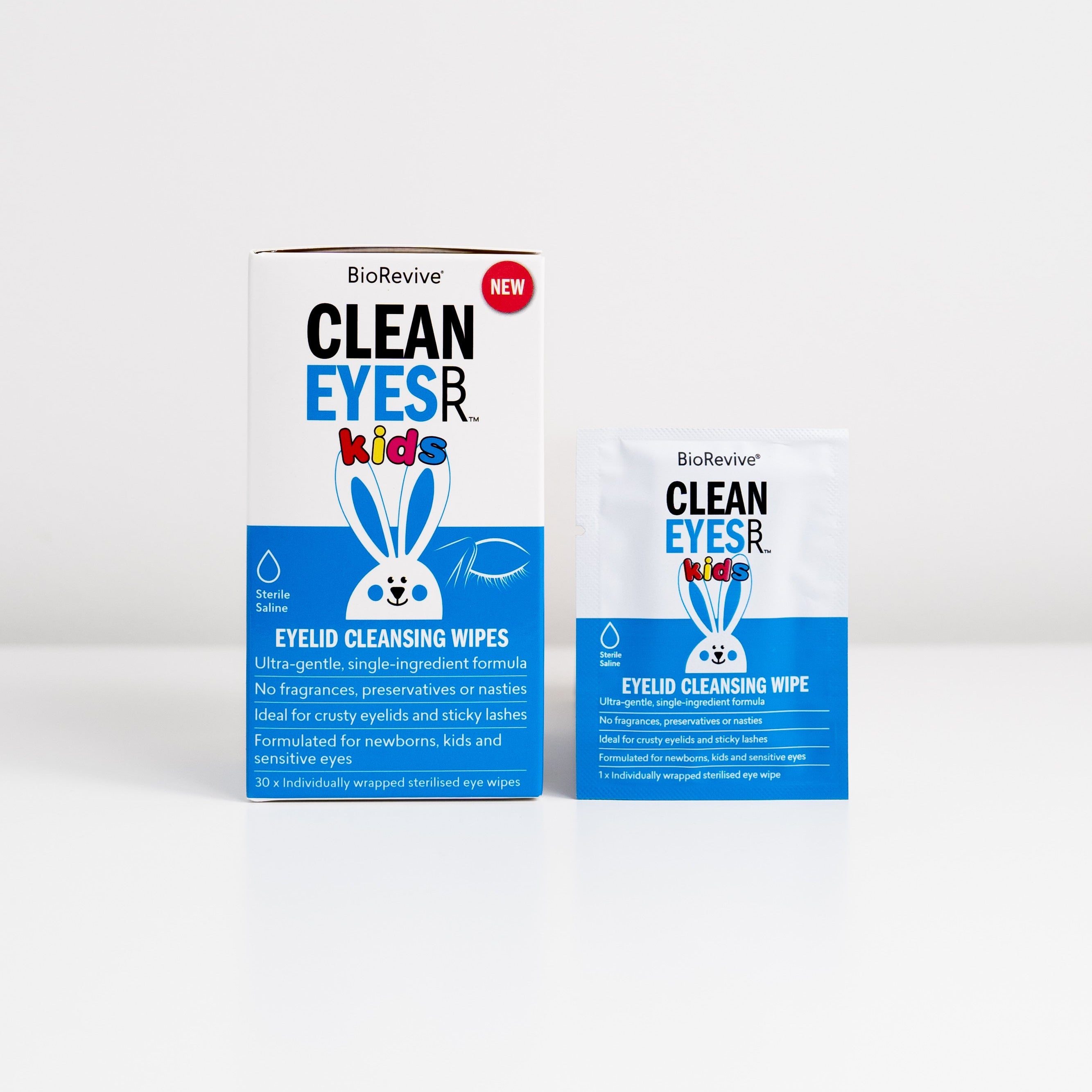 A box and sachet of BioRevive Clean Eyes Kids Eyelid Cleansing Wipes.