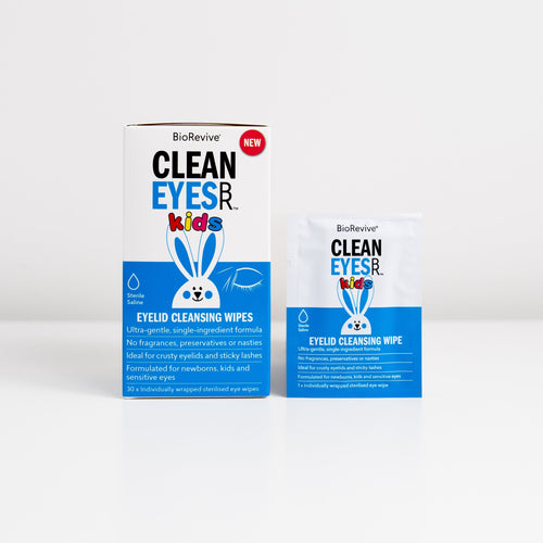 A box and sachet of BioRevive Clean Eyes Kids Eyelid Cleansing Wipes.