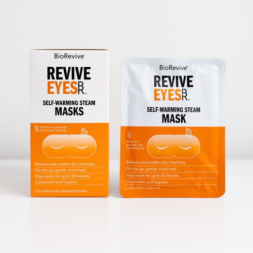 A box and sachet of BioRevive Revive Eyes Self-Warming Steam Eye Masks to relieve and soothe dry tired eyes. 