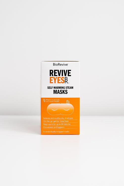 A box of BioRevive Revive Eyes Self-Warming Steam Eye Masks to relieve and soothe dry tired eyes. 