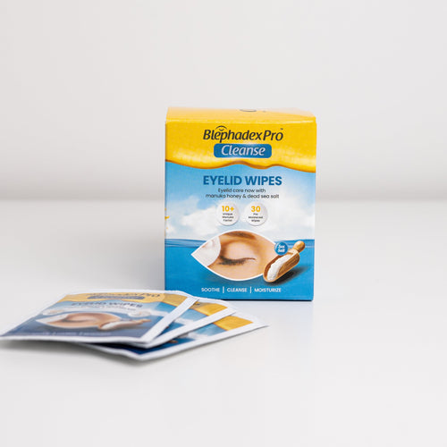 Box of Blephadex Pro Cleanse Eyelid Wipes for blepharitis relief, front of box on a white background