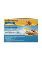 Box of Blephadex Pro Eyelid Wipes with honey and bowl illustration on a white background
