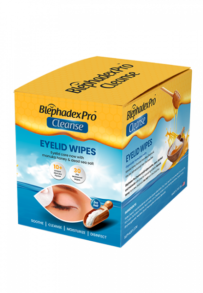 Box of Blephadex Pro Cleanse Eyelid Wipes on a white background