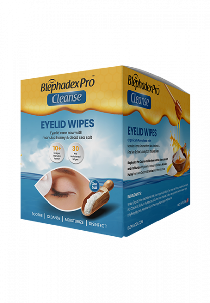 Box of Blephadex Pro Cleanse Eyelid Wipes on a white background