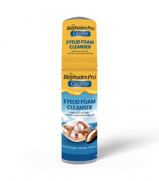 A bottle of Blephadex Pro Cleanse Eyelid Foam Cleanser with Dead Sea Salt & Manuka Honey on a white background
