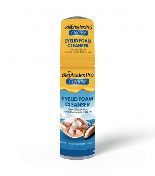 A bottle of Blephadex Pro Cleanse Eyelid Foam Cleanser with Dead Sea Salt & Manuka Honey on a white background