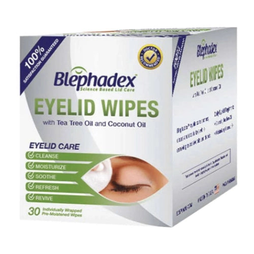 Side view of a box of 30 Blephadex Eyelid Wipes with Tea Tree Oil and Coconut Oil designed to specifically target inflammation, blepharitis and dry eyes.