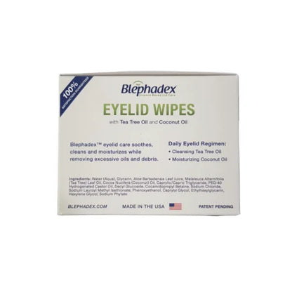 Side of a 30 Blephadex Eyelid Wipes with Tea Tree Oil and Coconut Oil designed to specifically target inflammation, blepharitis and dry eyes.