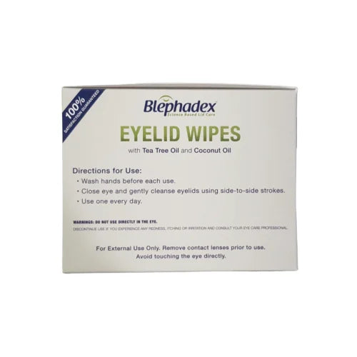 Another side of a box of 30 Blephadex Eyelid Wipes with Tea Tree Oil and Coconut Oil designed to specifically target inflammation, blepharitis and dry eyes.