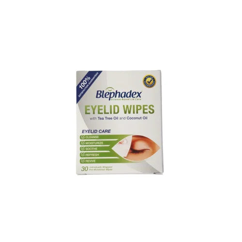 Top of a 30 Blephadex Eyelid Wipes with Tea Tree Oil and Coconut Oil designed to specifically target inflammation, blepharitis and dry eyes.