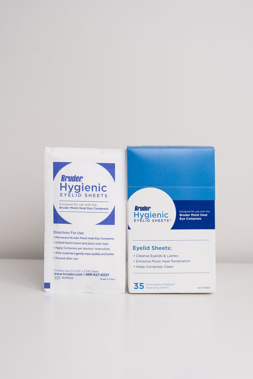 A box of Bruder Hygienic Eyelid Sheets on a white background to be used with a warm eye compress