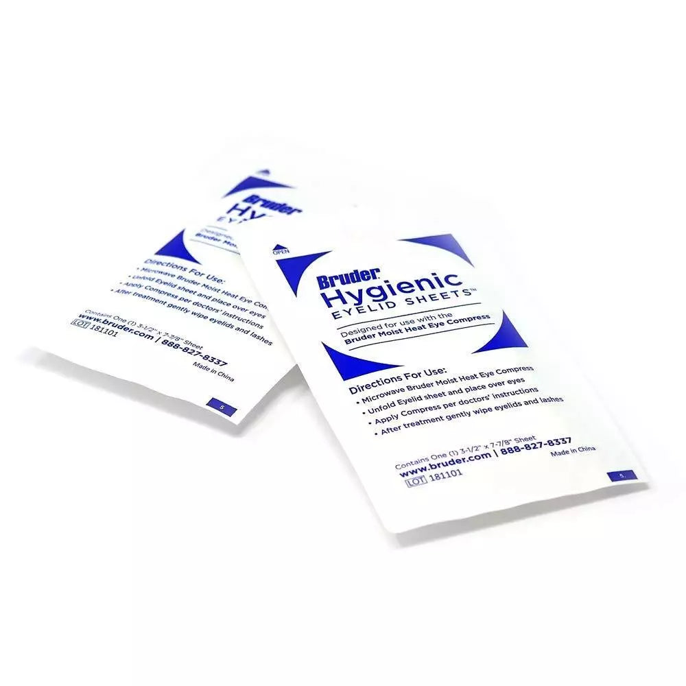 Two packages of Bruder Hygienic Eyelid Sheets on a white background