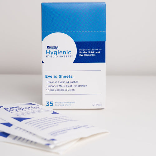 Box of Bruder Hygienic eyelid sheets for use with a warm eye compress, on a white background